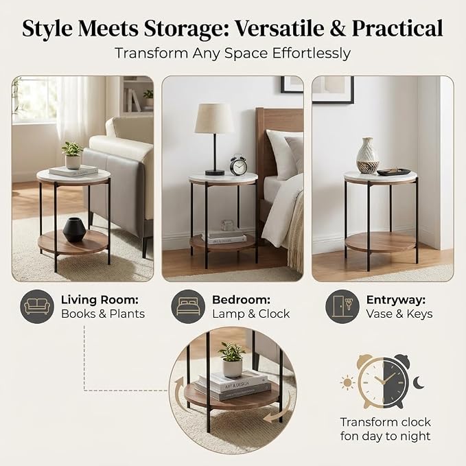 Lyra Round Marble End Table – Solid Acacia Wood Shelf, Open Storage Side Table for Living Room, Bedroom, Entryway, Small Spaces – Nightstand, Plant Stand, Modern Accent Table with Metal Frame