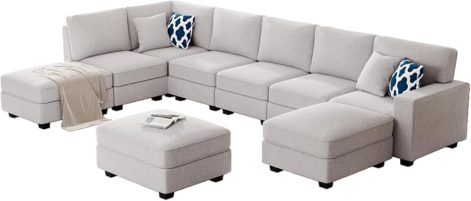 Legend Vansen Oversized Modular Sectional Sofa,U/L‑Shaped Reversible Couch with Ottoman,Deep Seat Plush Polyester Sofa for Living Room,9‑Seater,Light Grey