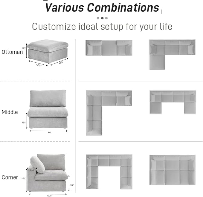 Cloud Modular Sectional Sofa,160.6" U-Shaped Convertible Couch with Storage Ottoman for Living Room, Minimalist Deep Sofa Couches, Sofa Covers Washable&Replaceable, Grey