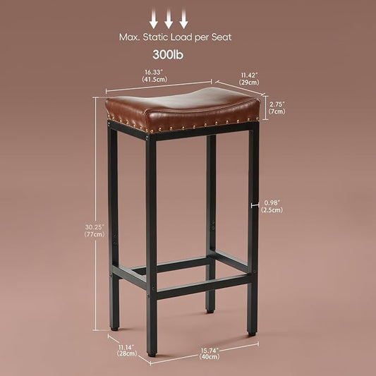 Forteek Counter Height Bar Stools Set of 2,30 Inch, Industrial Vintage Bar Stool with Nailhead, Faux Leather Barstool with Footrest, Saddle Stool for Kitchen Island, Dining Room, Easy Assembly
