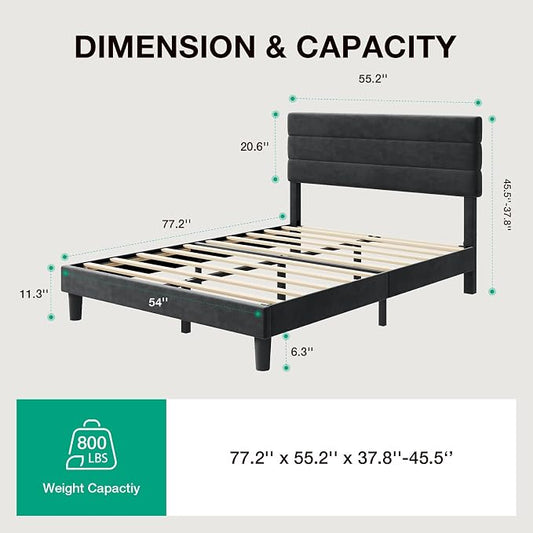 Novilla Full Size Bed Frame, Full Bed Frame with Headboard, Velvet Upholstered Pull-Point Headboard, No Box Spring Needed, Metal Support Heavy Duty Feet, Easy Assembly, Black Velvet