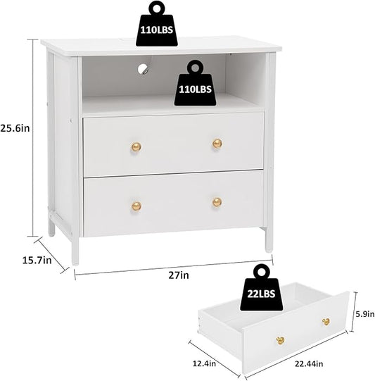 27 Inch LED Nightstand with Charging Station, 2 Drawers, White | Solid Wood and Steel Frame, 2 AC Outlets, 2 USB Ports, RGB App Control, Open Storage, Adjustable Feet, for Bedroom or Office