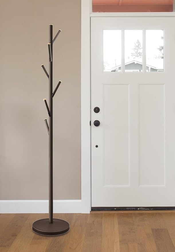 Kira Home Addison 68" Modern Standing Coat Rack with 6 Hanging Hooks, Sleek Metal Coat Stand with Weighted Base and Gold Accents, Oil Rubbed Bronze Finish