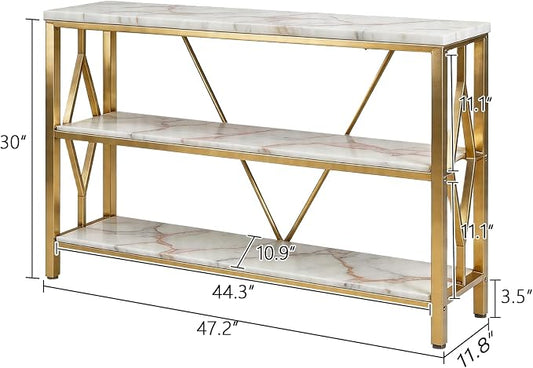 HOMISSUE Sofa Console Table, Rustic Console Table with 3-Tier Storage, Engineered Wood Sofa Tables with Open Shelves, Heavy Duty Entryway Tables for Living Room, Hallway (47 Inch, Gold)