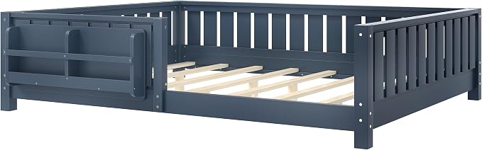 Bellemave Queen Size Floor Bed with high Rails and with Built-in Bookshelf for Kids, Girls, Boys, Wood Montessori Floor Bed Without Door, Blue