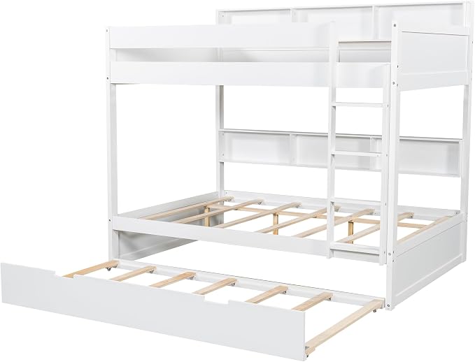 Wood Bunk Bed Full Over Full Size with Built-in Storage Shelves, Versatile Bunk Bed Frame with Ladder and Trundle Bed for Kids Teens Adults, Maximize Space (White-2.10)