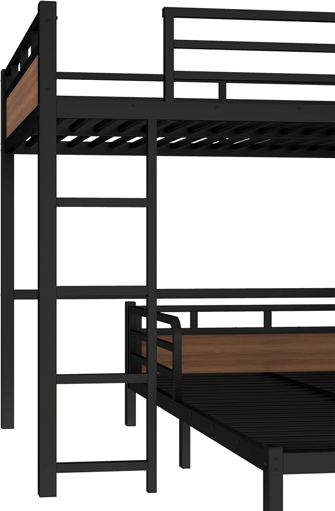 Full Over Full Metal Bunk Bed, Heavy Duty Convertible Bunk Bed Frame with Headboard & Full Guardrails, Can Be Split into Two Platform Beds or Loft Bed,Walnut