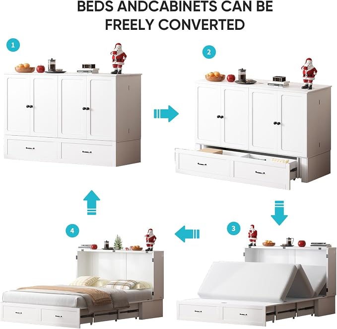 CECER Queen Murphy Bed with Mattress,Space Saving and Easy Assemble-White | Built-in Multi-Port Charging Station & Large Storage Drawer,Sturdy frame & Easy to Move Track