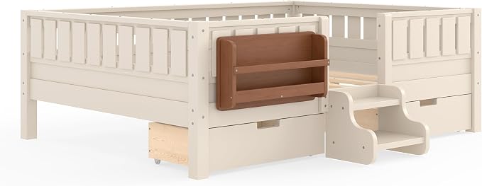 Bellemave Full Floor Bed with Stairs, Rails and Slats, Full Size Montessori Floor Bed with Bookshelf and 2 Storage Drawers, Easy Assemble Montessori Beds Frame for Girls, Boys, Light Beige