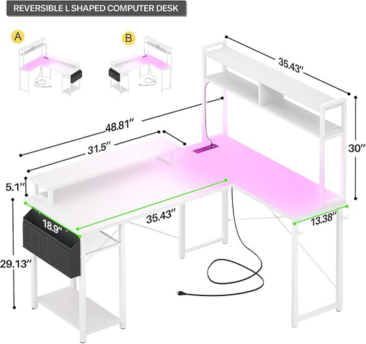 Aheaplus Small L Shaped Desk with Charging Port & LED Strip, Reversible L-Shaped Gaming Desk Computer Desk with Monitor Stand & Storage Shelf, Corner Desks Home Office Desk with Storage Bag, White