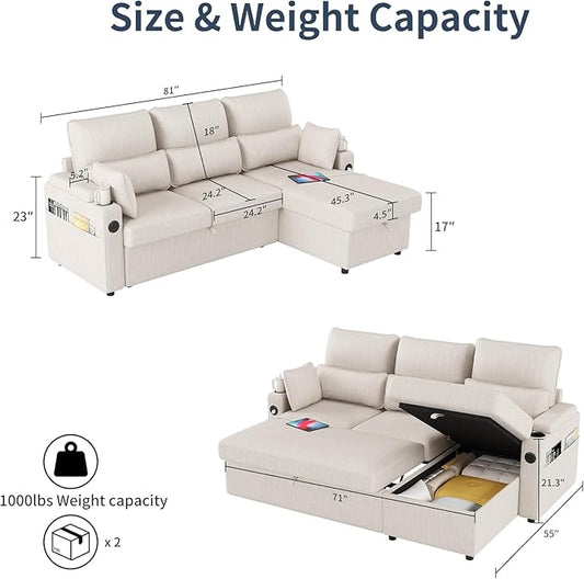 81" L-Shaped Sectional Sofa with Storage, Reversible Sleeper Sofa Couch with Chaise, Soft Fabric Upholstered Modular Couch with Cup Holder & Side Pockets, 1000lbs Capacity for Living Room