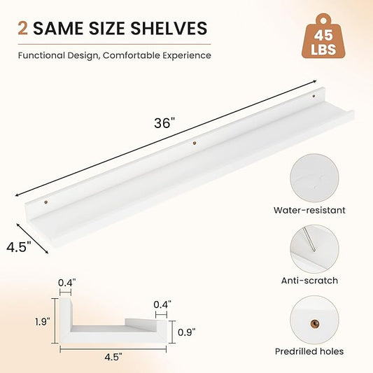 Dreamland Picture Ledge Shelf for Wall, Floating Shelves Set of 2, 36 Inch Long Floating Shelves with Lip for Living Room, Bedroom, Bathroom, Kitchen, White