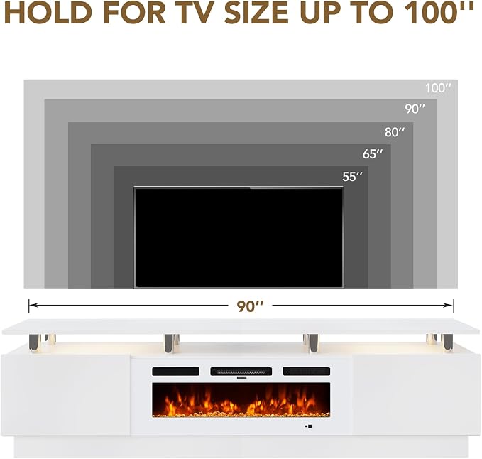 90" TV Stand for Living Room, Large Entertainment Center & Media Console, Fits TVs up to 100", Storage Cabinet with Shelves, 50" Electric Fireplace, All White
