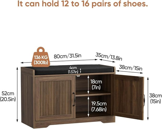 Entryway Shoe Storage Bench with Upholstered Seat, Double Door Cabinet, Adjustable Shelving, Slatted Front, Engineered Wood Organizer for Hallway, Foyer, Mudroom, Bedroom, Walk-In Closet (Walnut)