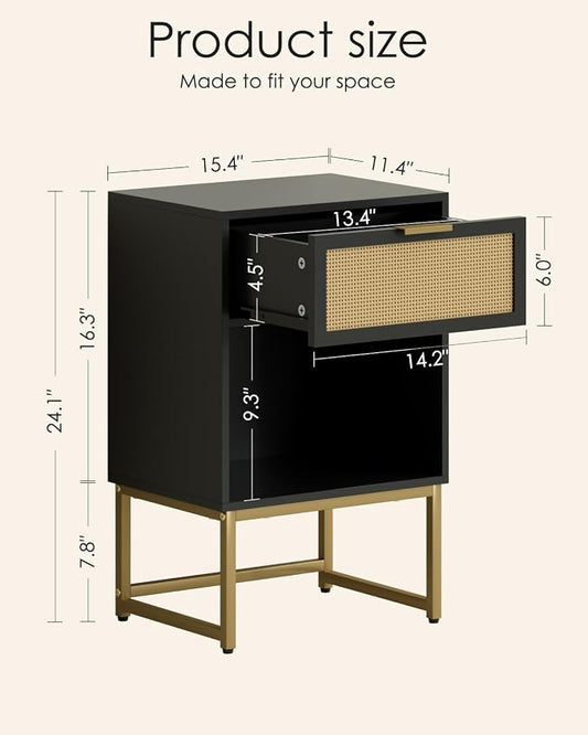 Masupu Rattan Nightstand,Modern Night Stand Boho Farmhouse Wood Bedside Table with Storage Drawer Side End Table for Bedroom, Office,Black