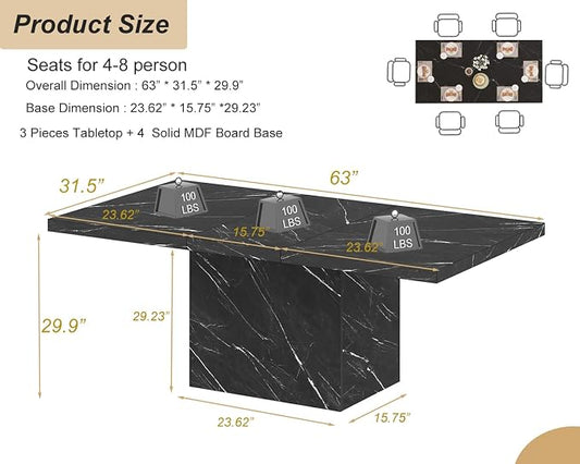HSH Black Faux Marble Dining Table, 63 inch Modern Dinner Table for 6 Person, Farmhouse Rectanglur Kitchen Table for Living Room, Long Wood Dining Room Tables with strong Pedestal, Black Marble, 63 In