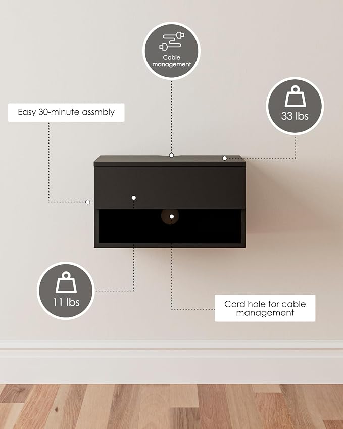 Floating Nightstand, Small Modern Floating Nightstand with Drawer, Floating Shelves for Bedroom, Bathroom (Black)