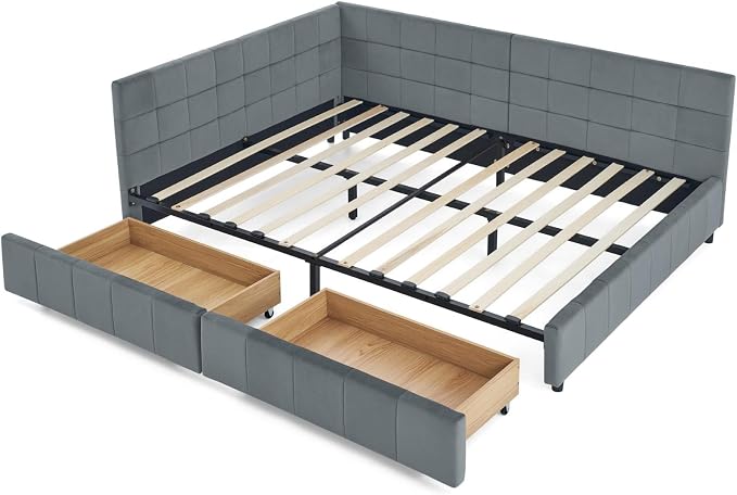 KEIKI Full Size L Shape Corner Bed Frames with 2 Storage Drawer, Backrest and Armrests, Velvet Upholstered Sofa Daybed for Small Room, Living Room, Bedroom, Guest Room, Kids' Room