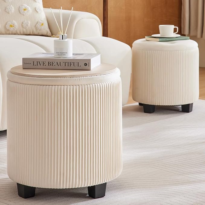 BLEXA Big Round Ottoman with Storage Set of 2, Upholstered Velvet Vanity Stool for Makeup Multifunctional Foot Rest Coffee Table Padded Seat Tufted Ottomans for Living Room&Bedroom (Large White)