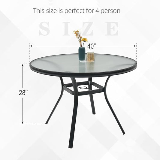 Outdoor Patio Set, 40"x 40"x 28" Round Glass Dining Table and 4pcs Swivel Chairs, All-Weather Patio Furniture Set with 1.7" Umbrella Hole for Garden Backyard Lawn Poolside