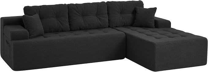 Hobestluk Modular Sectional Sofa Couches L-Shape Couch 3 Seat Modular Sofa Memory Foam Sectional Couches for Living Room, Cloud Couch with Oversized Chaise (Black Tufted, 108", Right Hand Facing)