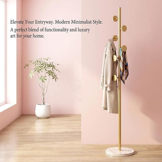 Coat Rack Freestanding Gold Clothes Rack with Marble Base & 7 Staggered Round Hooks, Heavy Duty Stable Coat Hanger Garment Stand for Entryway Bedroom, Hall Tree Racks for Clothing Hats Bags Purses