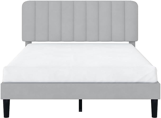 VECELO Full Size Bed Frame with Upholstered Headboard, Velvet Platform Bedframe Mattress Foundation, Strong Wood Slat Support, No Box Spring Needed,Light Grey
