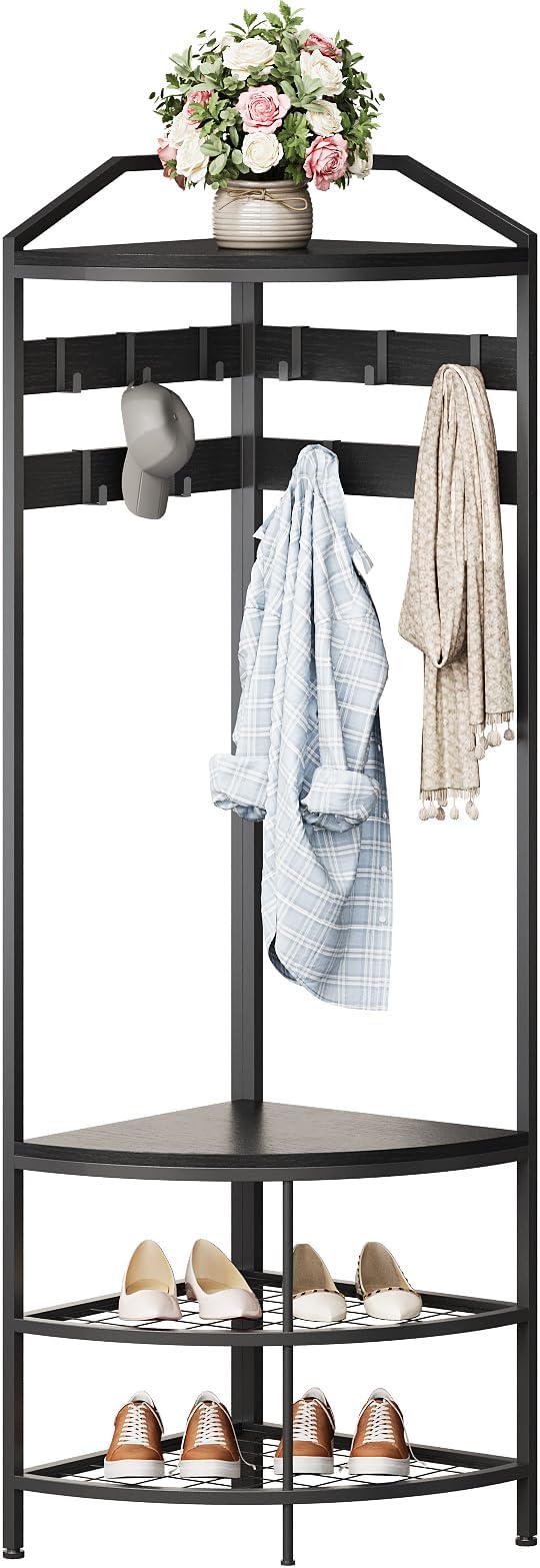 GiftGo Corner Hall Tree with Shoe Bench Entryway Coat Rack with 10 Metal Movable Hooks Freestanding Clothes Rack Shoes Shelf Organizer for Home Office Bedroom (Black)