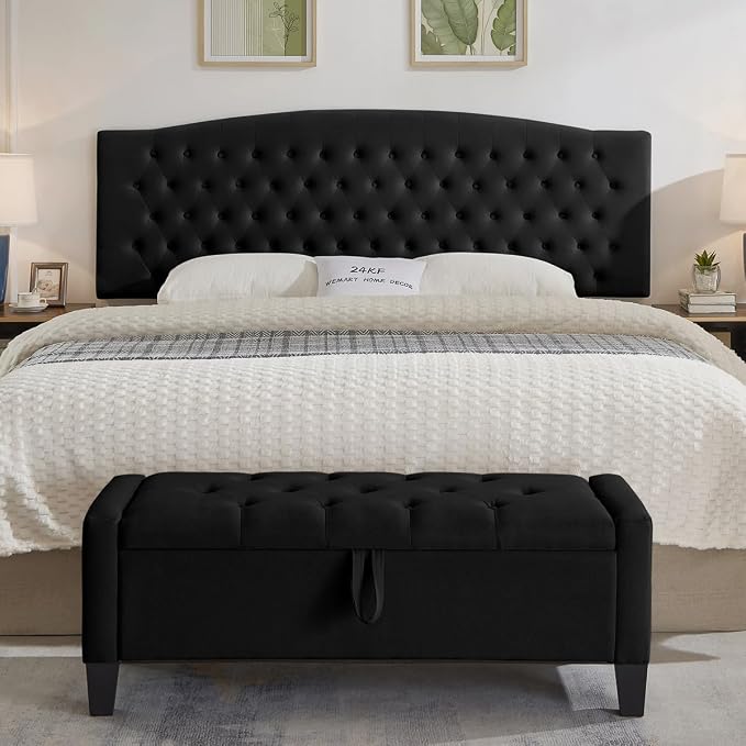 24KF Upholstered Tufted Button Velvet Wall Mounted Headboard,Comfortable Fashional Headboard King/CA King Size, 6058-K-Black