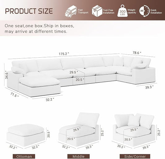Cloud Modular Sectional Sofa,Oversize Down Filled Sofa 6 Seat with Chaise,Minimalist Sofa Cover Washable and Replaceable Couches for Living Room,Sectional Sofa Deep Seat