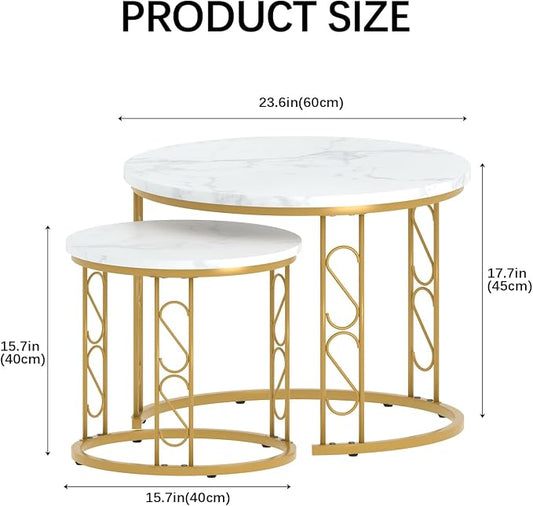 Garden 4 you Coffee Table Faux Marble Nesting Table for Small Place 2 Sets Modern Furniture Living Room Sets End Side Table Night Stand for Bed Room Dining Room (White & Gold)