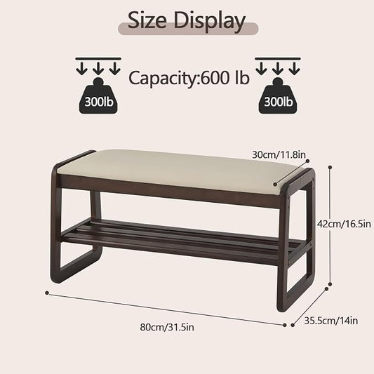 Achicsofar Shoe Rack Bench,2 Tier Solid Wooden Entryway Bench with Shoe Storage, Shoe Rack with Cushion for Living Room, Hallway(Pu Beige, 31.5")