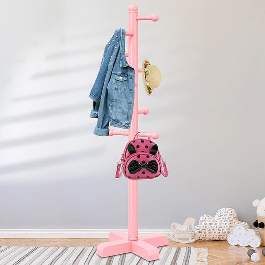 Coat Rack, Freestanding Coat Racks with 8 Hooks 2 Adjustable Height, Tree Coat Rack for Bedroom, Hallway, Entrance, Office, Hats, Handbags,Purse (Pink)