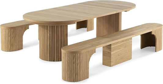 Transformer Table - Solid Wood Extendable Round Dining Table Set with 2 Benches, Seats 4-10, Extendable Round Dining Set, Bench with Panel Storage, Natural (Table + 2 Benches)