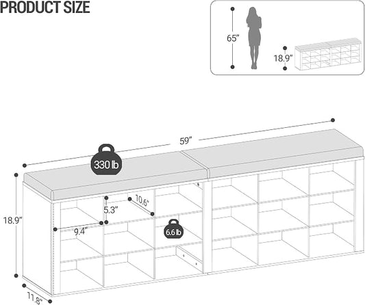 Hzuaneri Shoe Storage Bench with Cushion, Entryway Storage Bench with 18 Cubbies, 9.5" Widened Organizer Cabinet, Long Cubby Rack for Living Room, Bedroom, Entryway, White SB25703GY