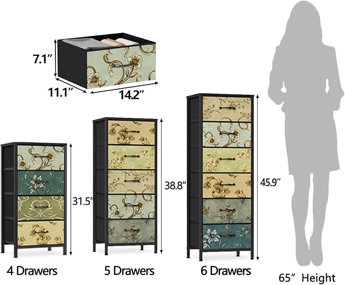 Furnulem Vertical Dresser for Bedroom, Tall Skinny Storage Tower with 5 Fabric Drawers, Chest of Drawers for Living Room, Dorm, Entryway, Vintage Furniture, Wood Top