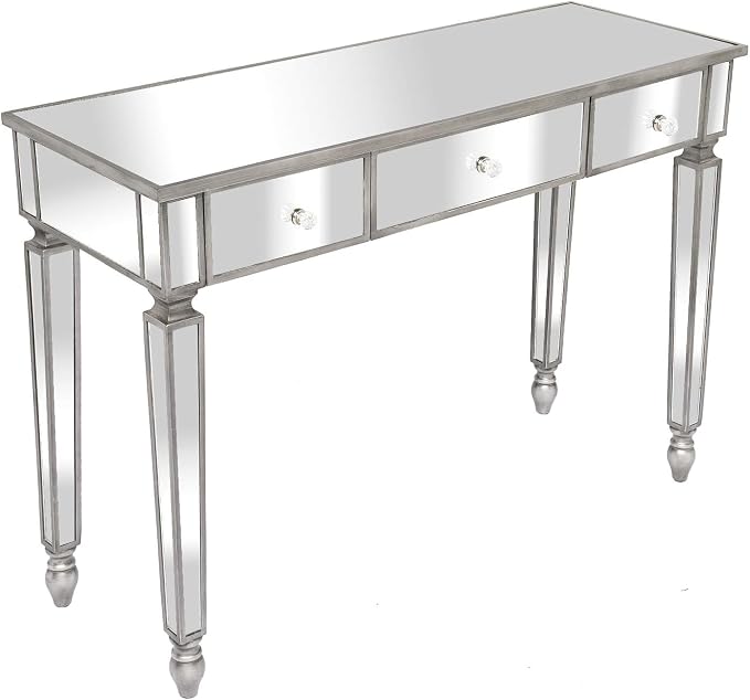VINGLI Mirrored Vanity Desk with 3 Drawers, Modern Console/Sofa/Makeup Desk for Bedroom/Living Room/Entryway, Silver