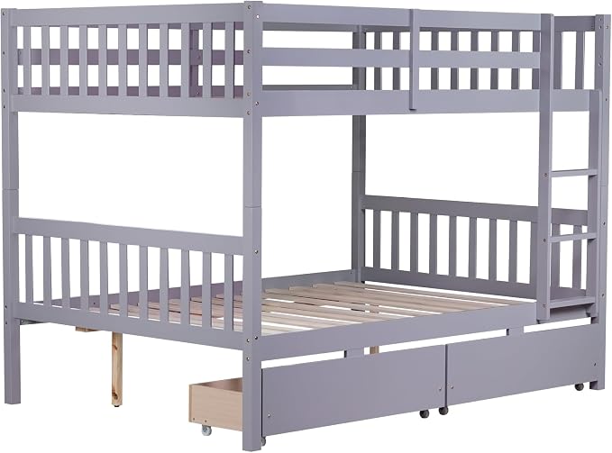 Harper & Bright Designs Full Over Full Bunk Bed with 2 Drawers, Convertible into 2 Beds, Bunk Bed with Ladder and Safety Guardrails, Gray