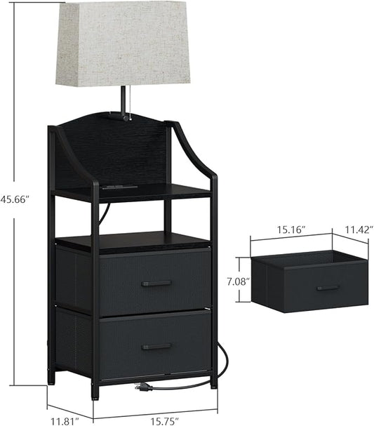 Evermagin 45" Tall Night Stand with Charging Station & Light, Nighstand with 2 Fabric Drawers & Storage Shelf, Bedside Table End Table with USB Ports and Outlets for Bedroom, Dorm, Black