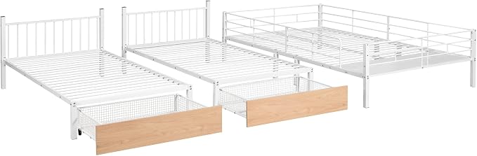 Full Over Twin & Twin Bunk Bed, Heavy Duty Metal Triple Bunk Bed with Drawers and Guardrails, Can be Divided into 3 Separate Beds, Triple Bunk Bed Frame for Kids Teens Aldults (White + Metal)