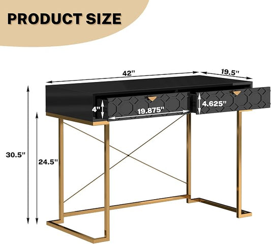Clihome 42'' Home Office Desks, Modern Writing Desk with Drawers, Modern Simple Desk with Golden Legs and X-Shaped Bracket