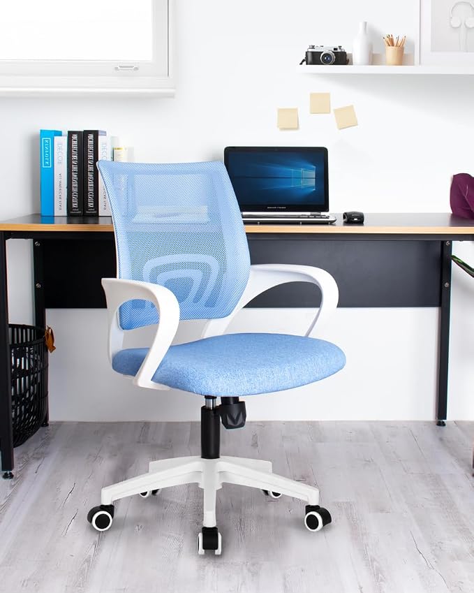 NEO CHAIR Office Desk Computer Chair Ergonomic Mesh Gaming Cushion Seat with Comfy Lumbar Mid Back Support Adjustable Height Swivel Rolling Wheels for Home Task (Sky Blue)