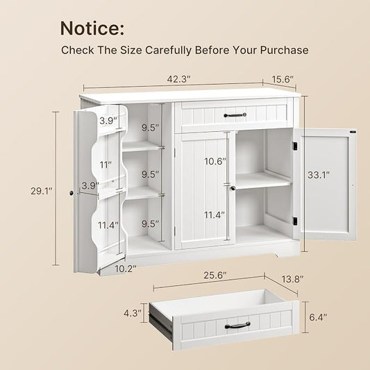 Gizoon Kitchen Coffee Bar Cabinet with Storage Kitchen Sideboard Buffet Cabinet with Drawers, Short Pantry with Door and Shelves for Bathroom and Living Room, White, Painted