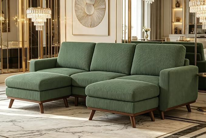 Convertible U-Shaped Corduroy Sectional Sofa, 3-Seater Couch with 2 Ottomans, FSC Solid Wood Frame, Spring Cushions, Green