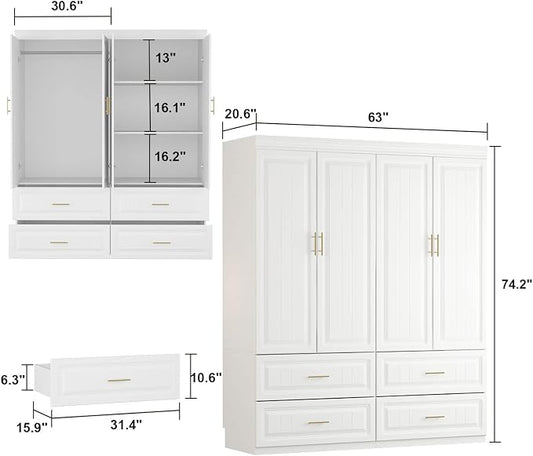 AIEGLE 4-Door Armoire Wardrobe Closet with Drawers, White Coat Closet with Doors, Modern Tall Wardrobe Cabinet Closet with Hanging Rod for Bedroom, Freestanding, White, 20.6" D x 63" W x 74.2" H