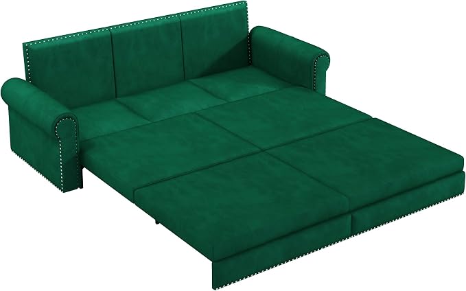 93.7" King Pull Out Sofa Bed, Velvet Sleeper Sofa Couch, 3 in 1 Convertible Futon Couches for Living Room, Small Space, Apartment, Office, Bedroom, Modern Rivet Armrest, Green
