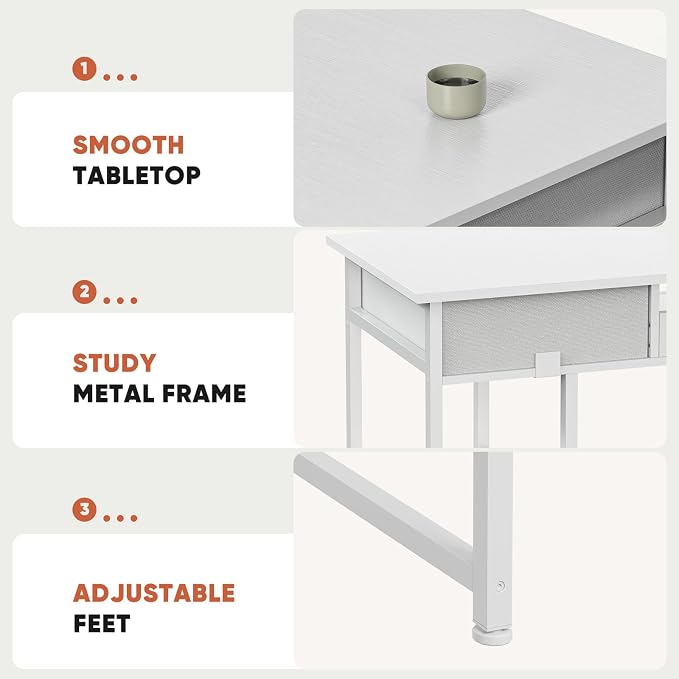 DUMOS 48" Small Computer Home Office Desk for Bedroom with Drawers, Gaming Writing Study Table with Storage Shelf, Adjustable Feet, Compact Desk for Gaming and Home Office Use, Metal Frame White