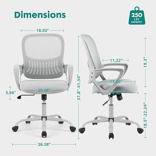 OLIXIS Home Office Chair, Mid Back Computer Ergonomic Mesh Desk with Large Seat, Executive Height Adjustable Swivel Task with Lumbar Support and Armrest, for Adults, Grey
