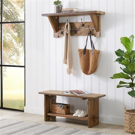 Alaterre Furniture Bethel Wall Mounted Coat Rack & Bench Set – Rustic 40-Inch Entryway Organizer with 5 Coat Hooks, Solid Wood Seat & Storage Shelves for Mudroom or Foyer (Natural Aged Brown)