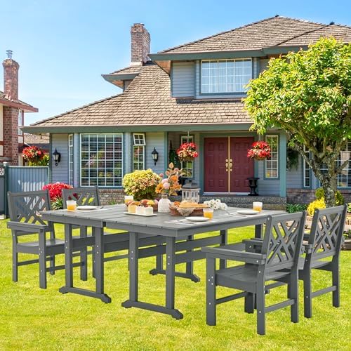 HDPE Outdoor Dining Set,6-Piece Outdoor Table and Chairs Include 4 Dining Chairs and 2 Pcs 62.5" Patio Dining Table with Umbrella Hole (Gray)